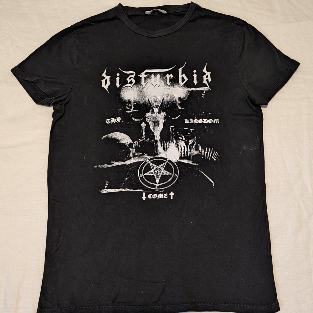 Disturbia Shirt sz M Black Thy Kingdom Come Pentagram Black Goth Distressed